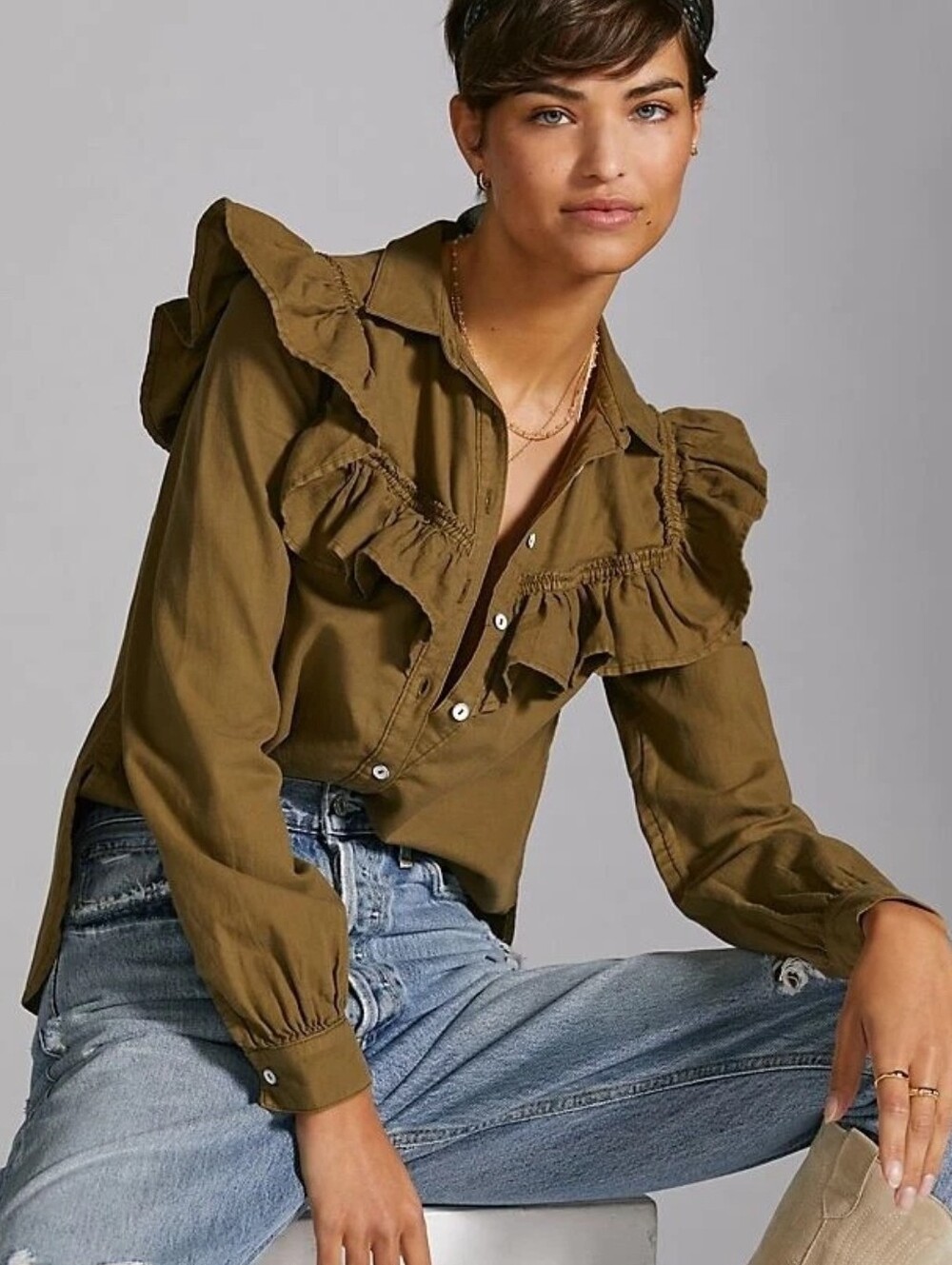 Pilcro Anthropologie Green Utility Western Ruffle Prairie Button Down Blouse S
